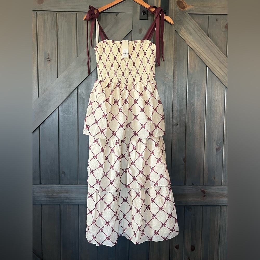 Francesca's Collections Cream and Burgundy Smocked Skirt with bows. NWT